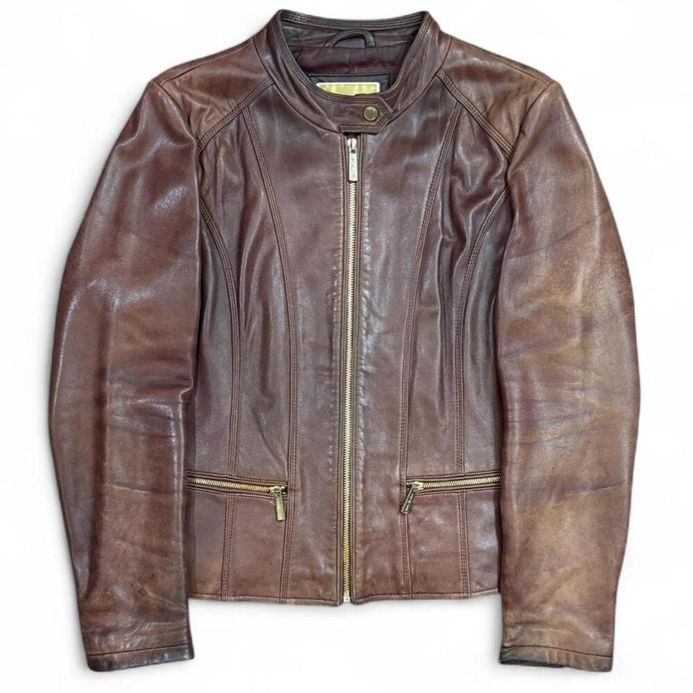 Michael Michael Kors Women’s Genuine Brown Lamb Skin Leather Moto Jacket Size L